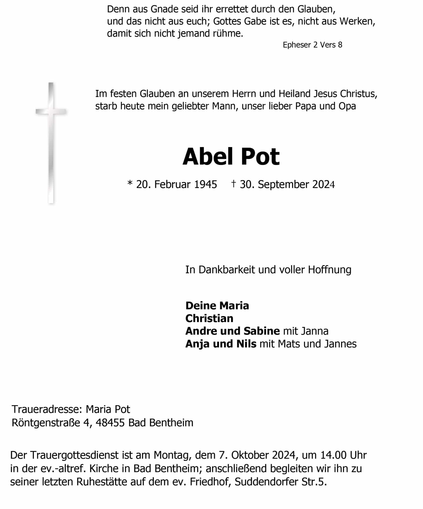 trauerbrief pot, abel