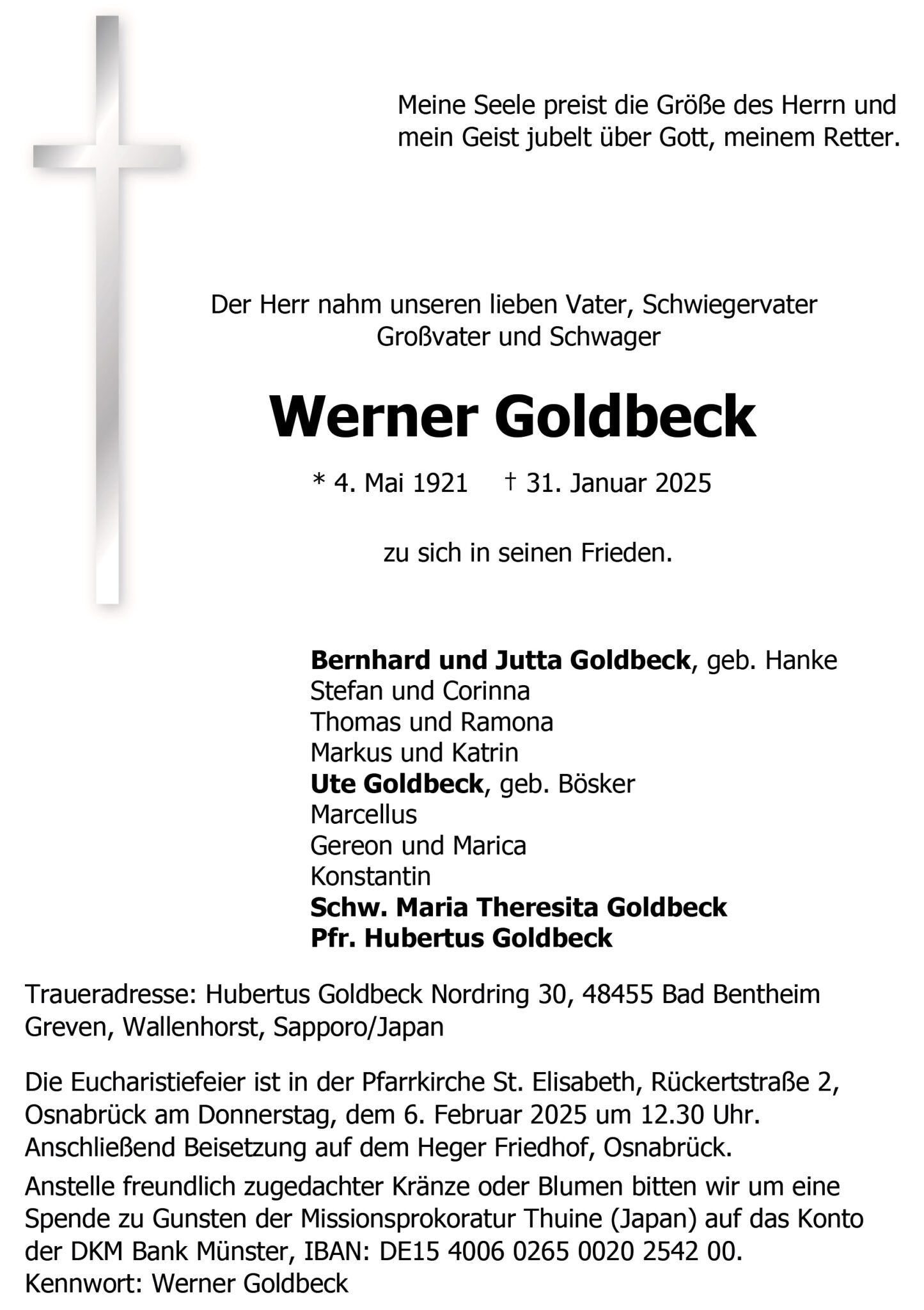 trauerbrief Werner Goldbeck