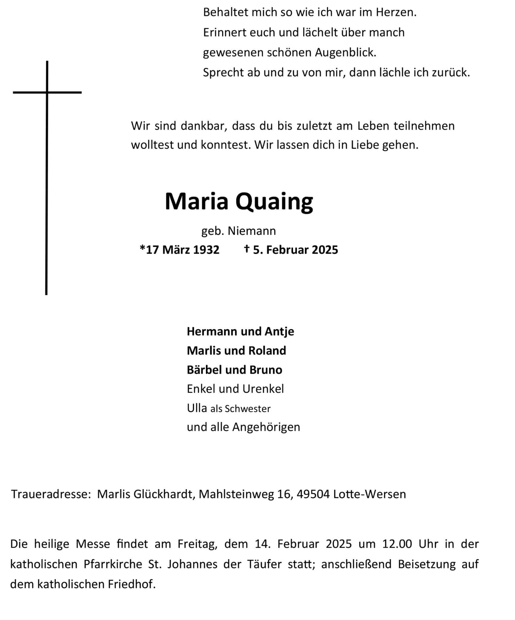 trauerbrief Maria Quaing