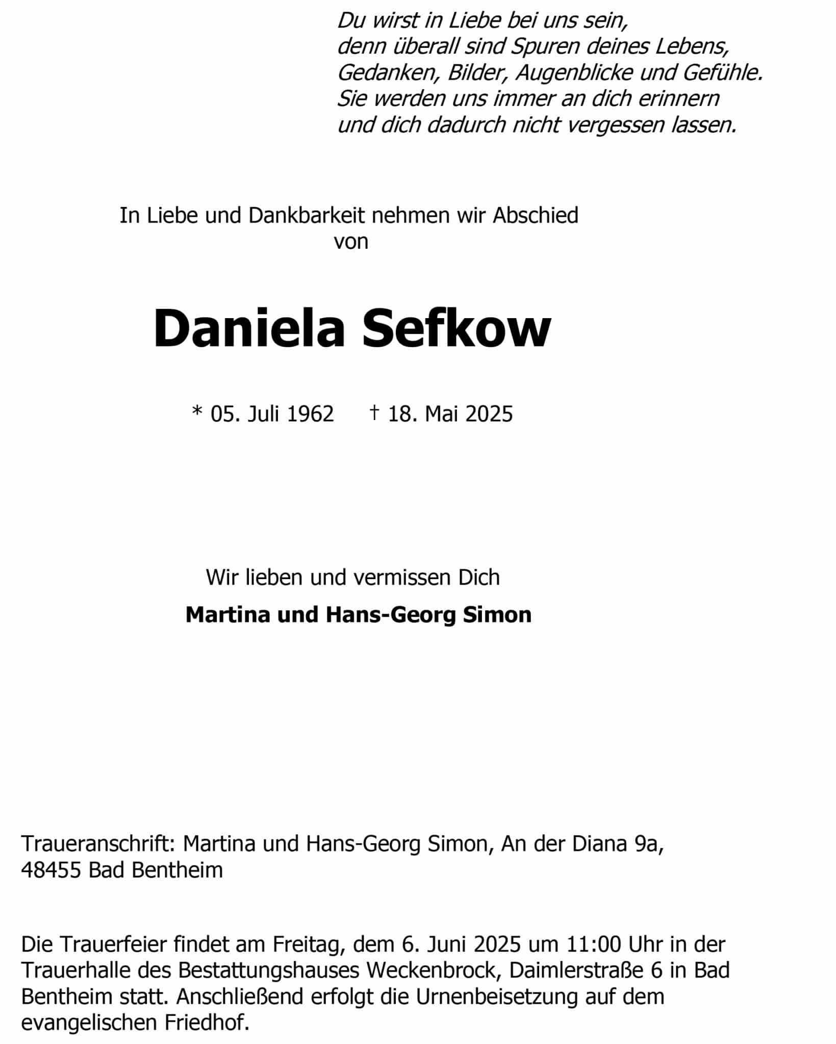 trauerbrief Daniela Sefkow