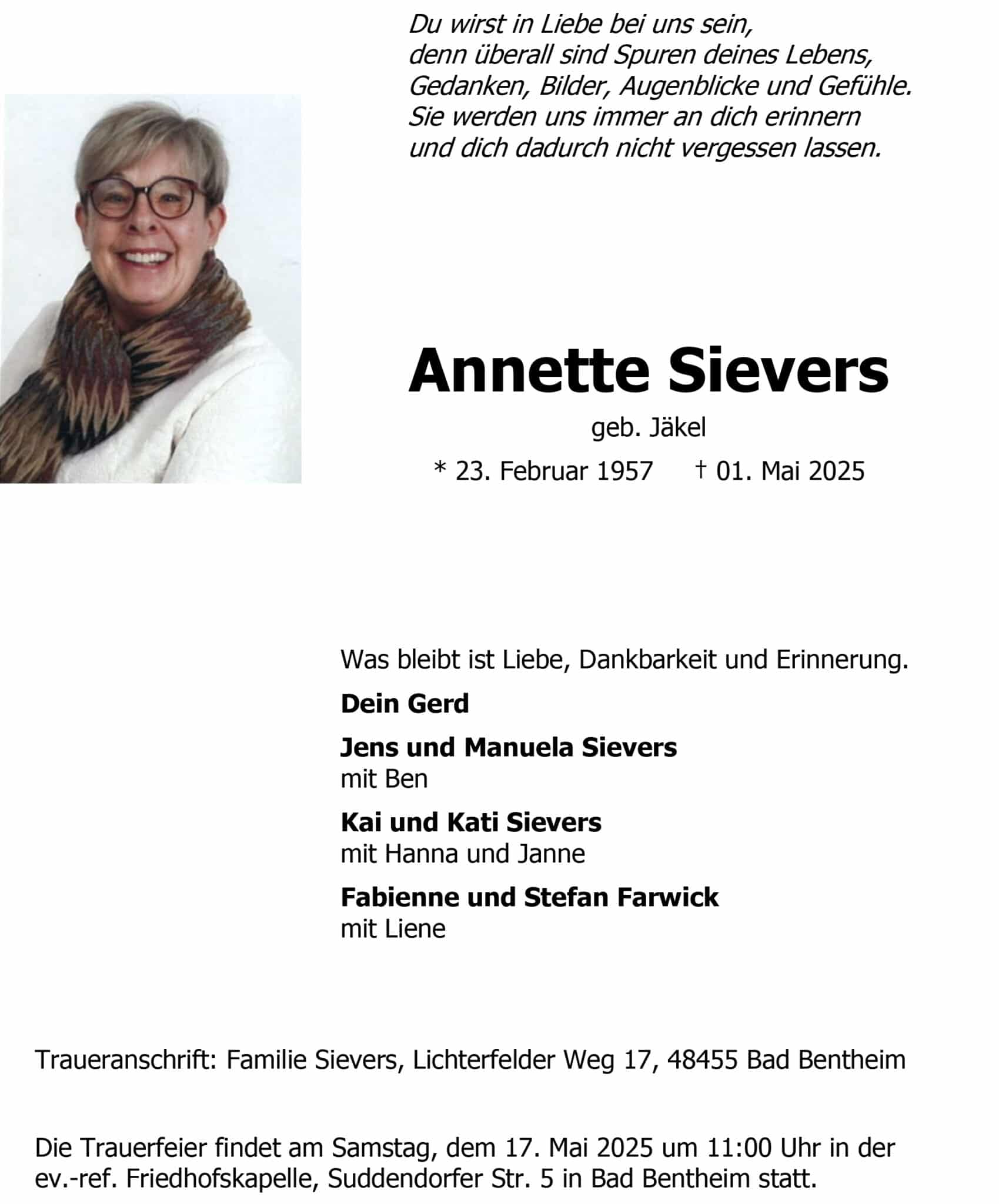 trauerbrief Annette Sievers