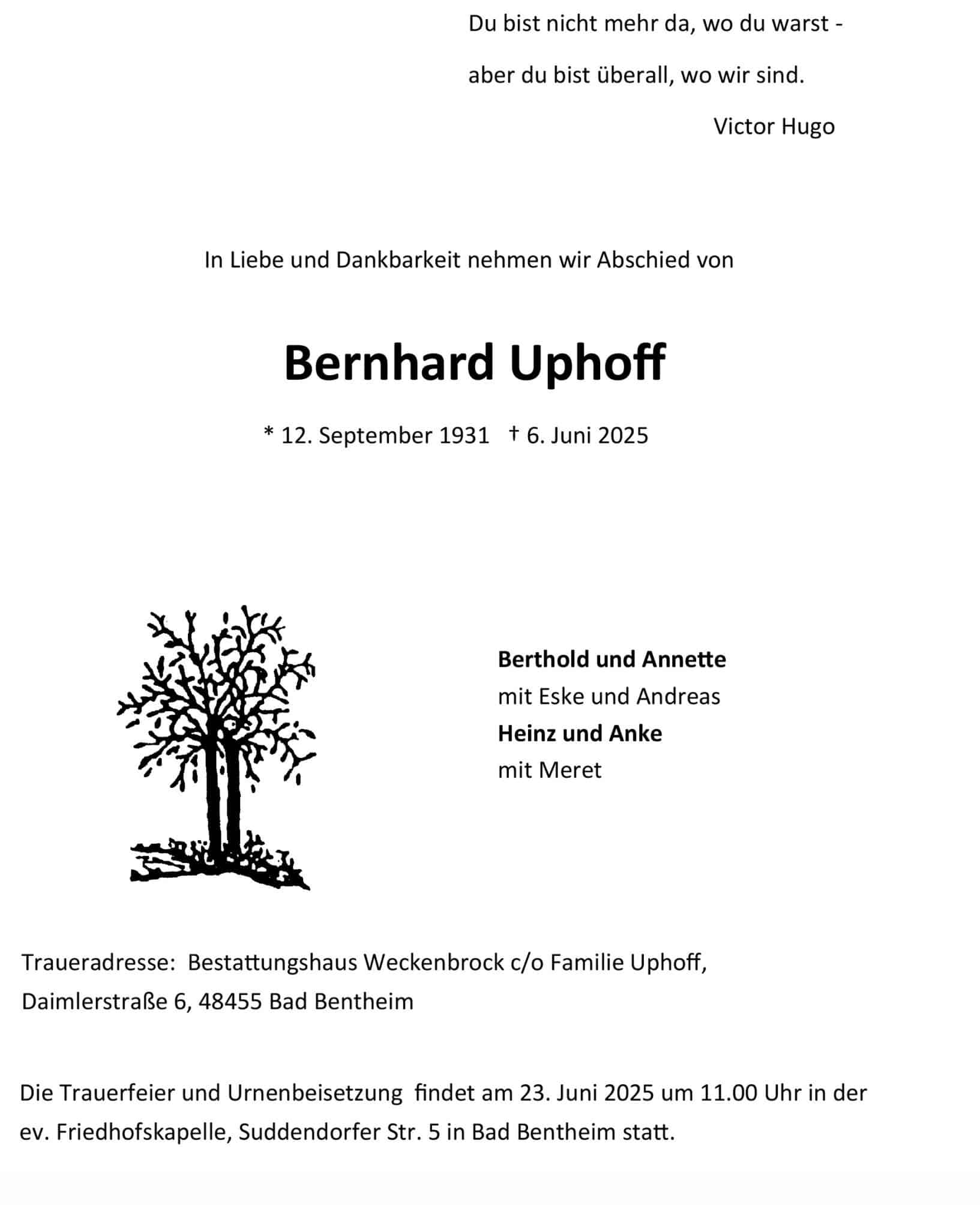 trauerbrief Bernhard Uphoff