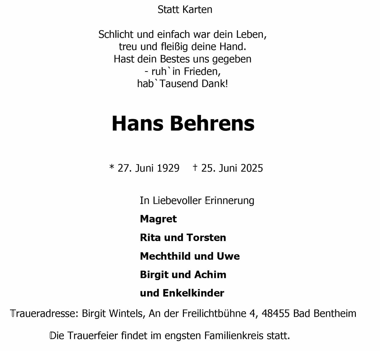 trauerbrief Hans Behrens
