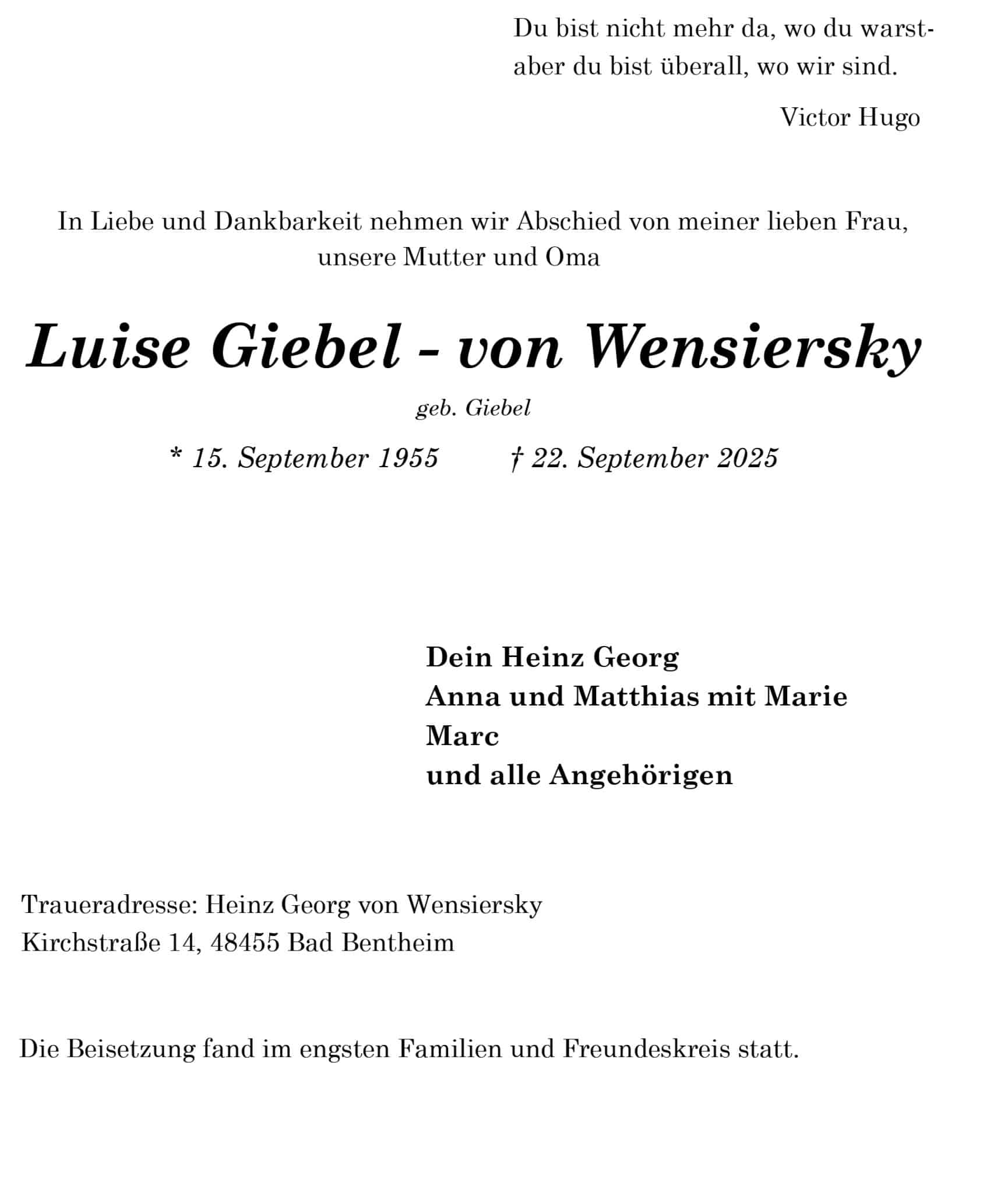 trauerbrief Luise Giebel - von Wensiersky